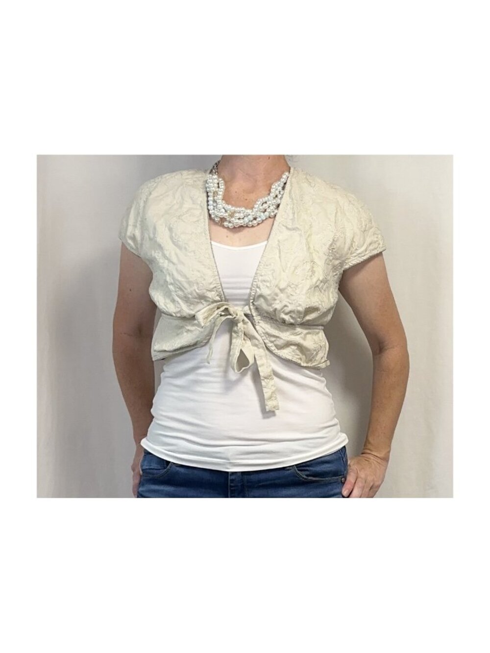 The Limited Cream Beige Linen Embroidered Front-Tie Bolero Top (Medium)
